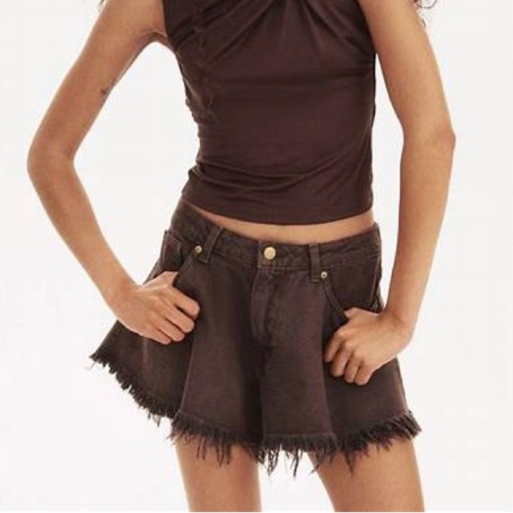 🌿 New Brown Ruffle Destroyed Frayed Hem Mini Skirt